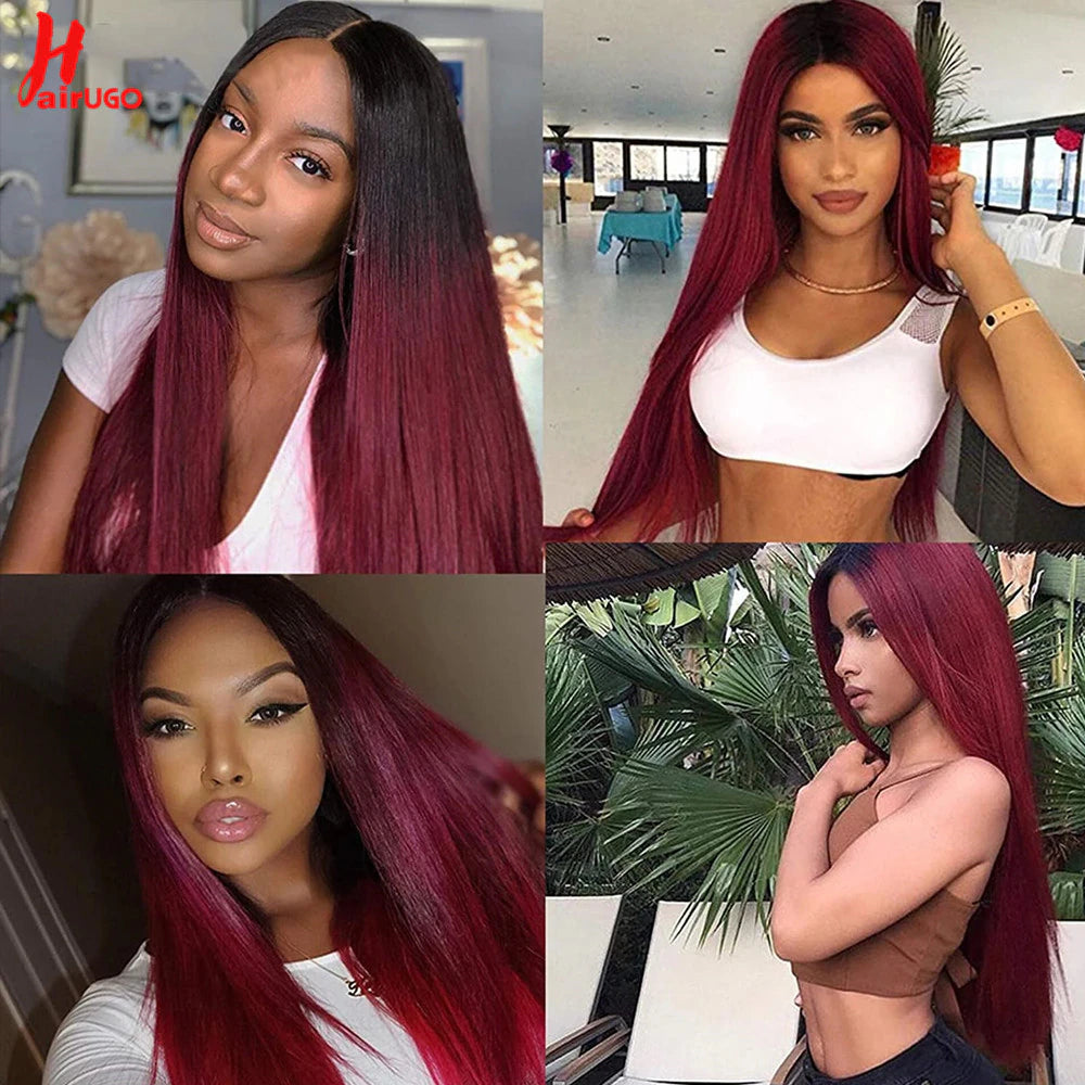 T1B/99J Straight Human Hair Wigs Burgundy T Lace Front Wigs Human Hair Brazilian Remy Omber Lace Frontal Wigs for Women Hairugo