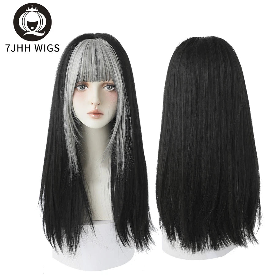 Highlighted Grey Black Kinky Straight Synthetic Wigs with Fluffy Bangs for Women Daily Wear Toupee Heat-Resistant Hair