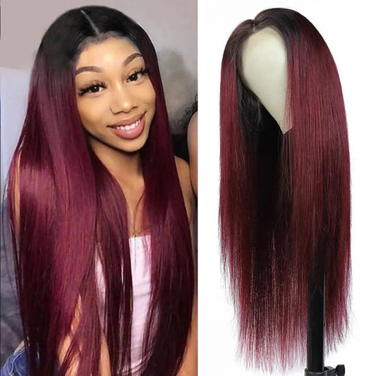 T1B/99J Straight Human Hair Wigs Burgundy T Lace Front Wigs Human Hair Brazilian Remy Omber Lace Frontal Wigs for Women Hairugo