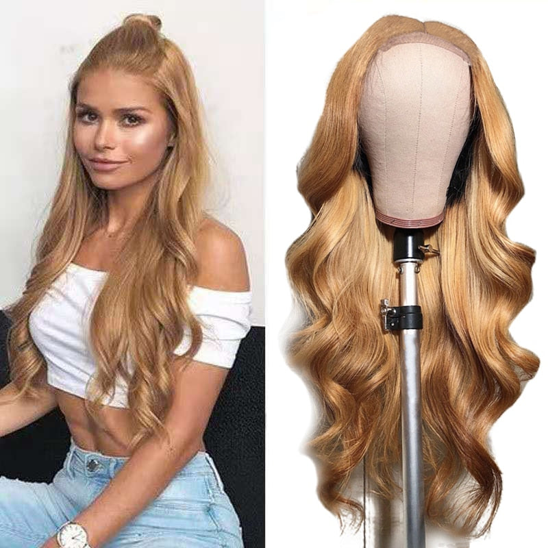 Honey Blonde 4X4 Lace Closure Wigs 27# Body Wave Lace Closure Human Hair Wigs Transparent Lace Wigs Pre Plucked Fast Shipping