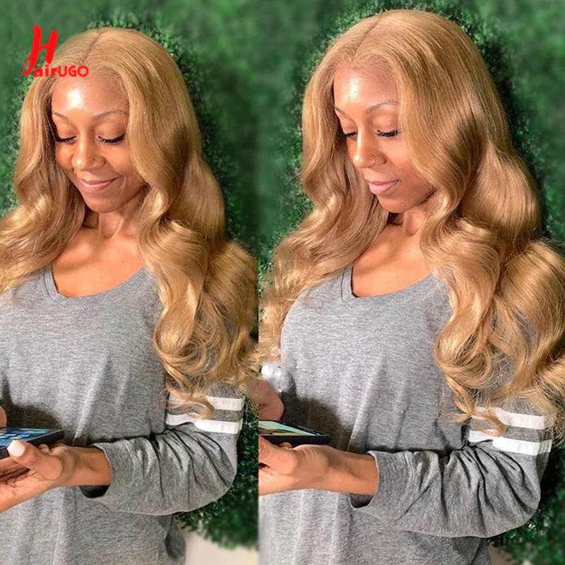 Honey Blonde 4X4 Lace Closure Wigs 27# Body Wave Lace Closure Human Hair Wigs Transparent Lace Wigs Pre Plucked Fast Shipping