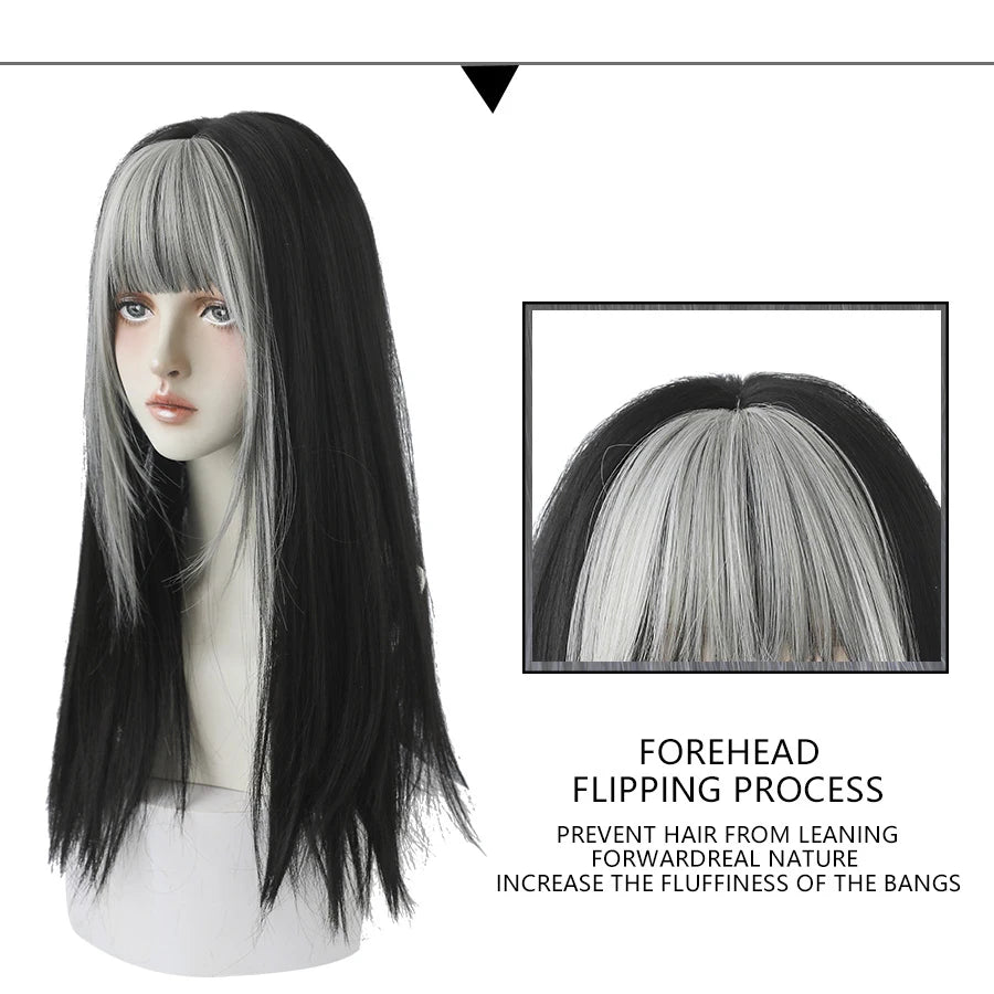 Highlighted Grey Black Kinky Straight Synthetic Wigs with Fluffy Bangs for Women Daily Wear Toupee Heat-Resistant Hair