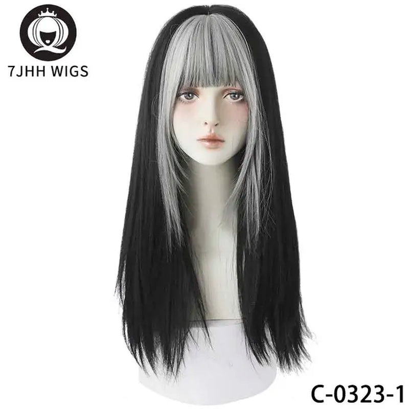 Highlighted Grey Black Kinky Straight Synthetic Wigs with Fluffy Bangs for Women Daily Wear Toupee Heat-Resistant Hair