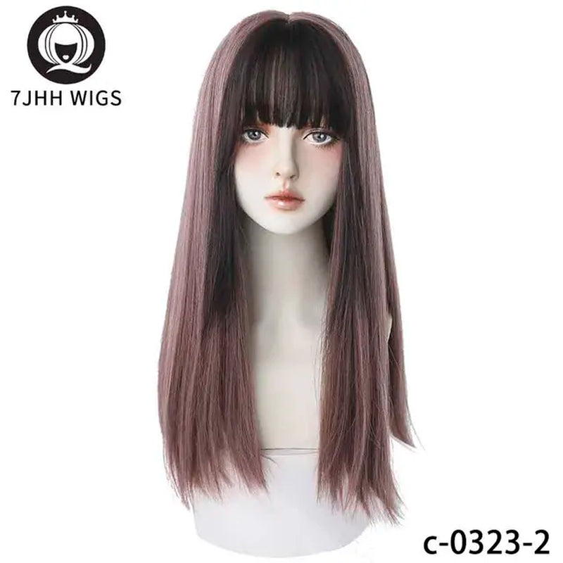 Highlighted Grey Black Kinky Straight Synthetic Wigs with Fluffy Bangs for Women Daily Wear Toupee Heat-Resistant Hair