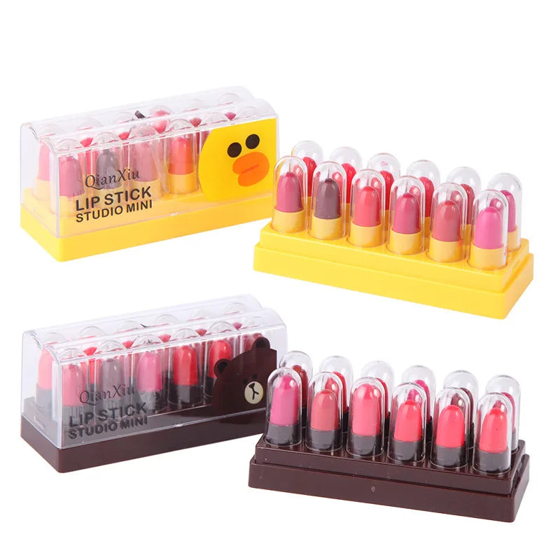 Cute Cartoon Mini Matte Lipstick Set 12 Pcs Plump Waterproof Long