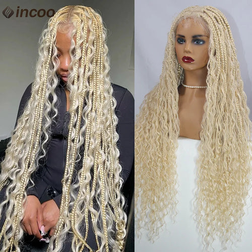 Long 32 Boho Braided Full Lace Front Wigs 613 Blonde Curly Goddess