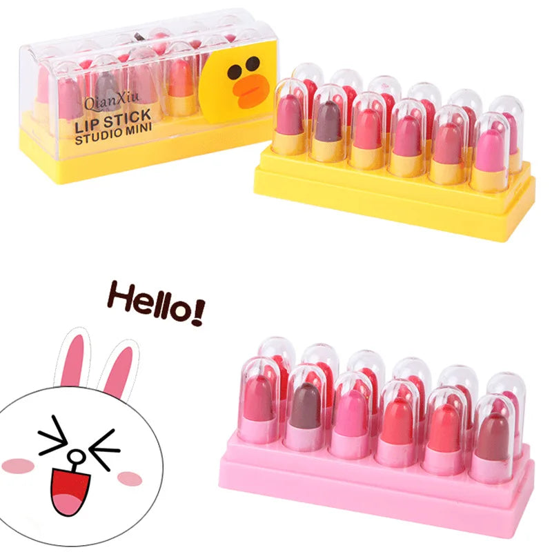 Cute Cartoon Mini Matte Lipstick Set 12 Pcs Plump Waterproof Long