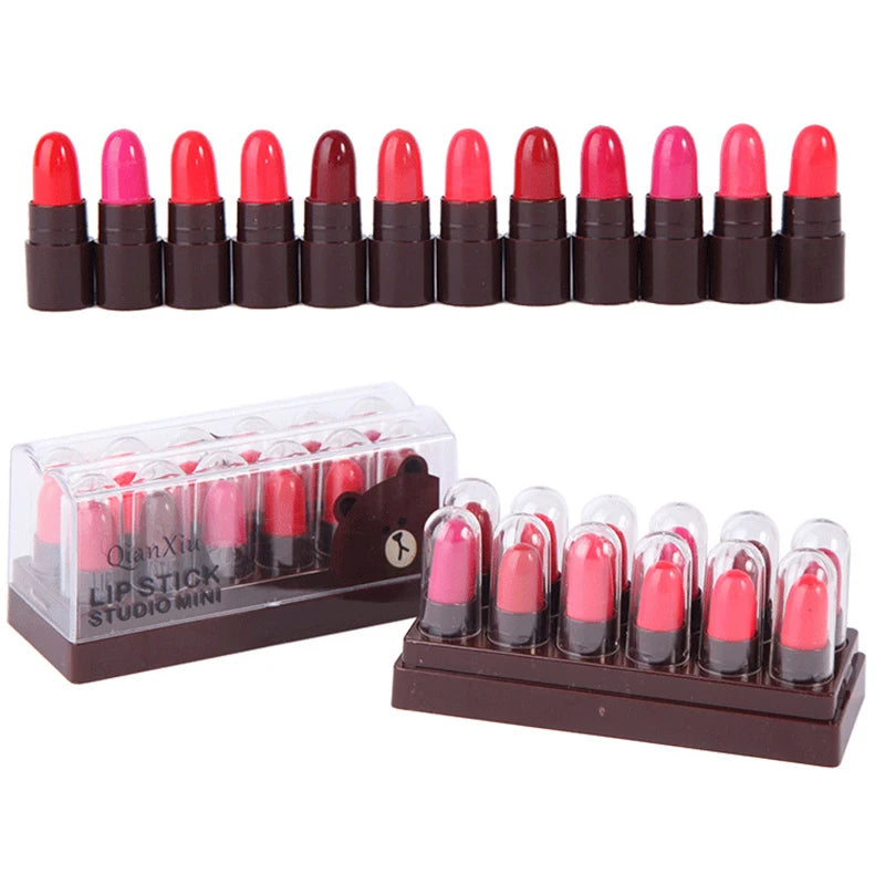 Cute Cartoon Mini Matte Lipstick Set 12 Pcs Plump Waterproof Long