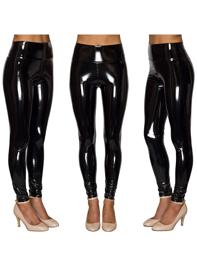 New Women Black Pencil Pants Shiny Leather PU Sexy Leggings Elastic