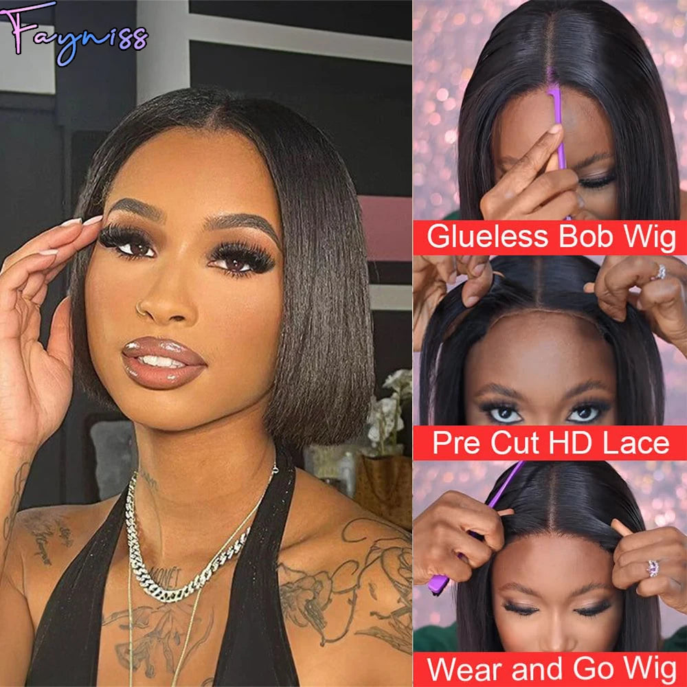 Fayniss Straight Bob Wigs Human Hair Wear and Go Glueless 4x4 Lace