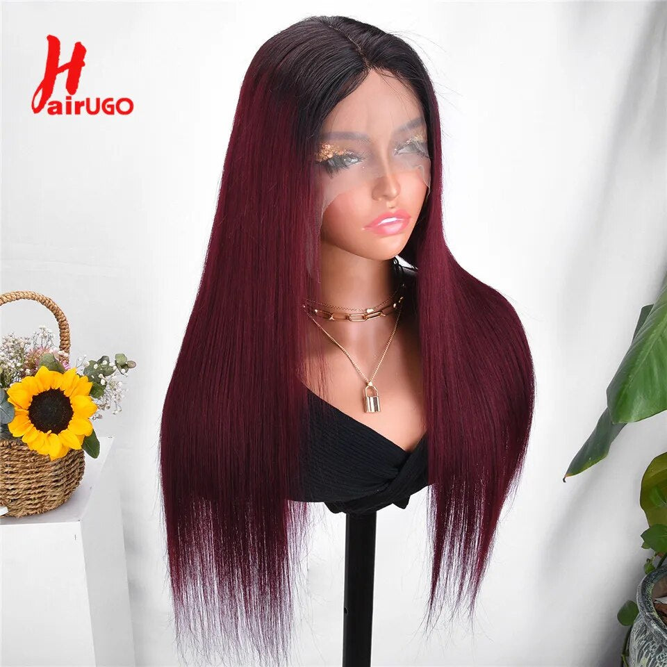 T1B/99J Straight Human Hair Wigs Burgundy T Lace Front Wigs Human Hair Brazilian Remy Omber Lace Frontal Wigs for Women Hairugo