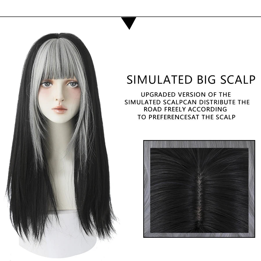 Highlighted Grey Black Kinky Straight Synthetic Wigs with Fluffy Bangs for Women Daily Wear Toupee Heat-Resistant Hair