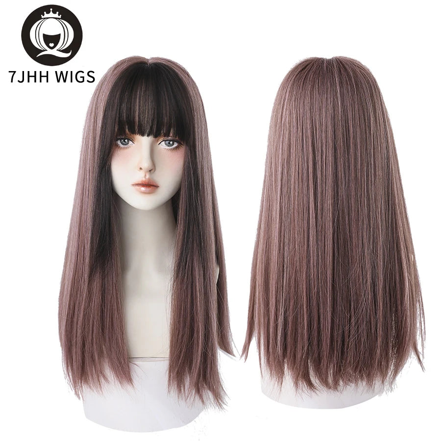 Highlighted Grey Black Kinky Straight Synthetic Wigs with Fluffy Bangs for Women Daily Wear Toupee Heat-Resistant Hair