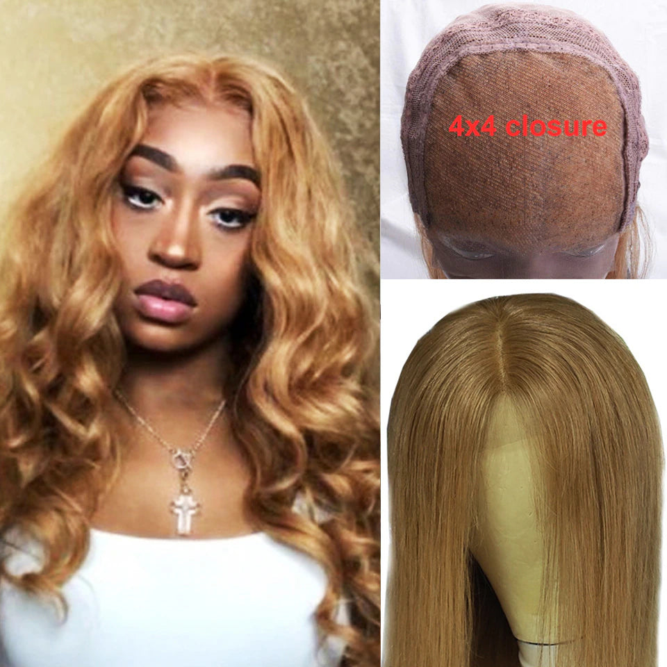 Honey Blonde 4X4 Lace Closure Wigs 27# Body Wave Lace Closure Human Hair Wigs Transparent Lace Wigs Pre Plucked Fast Shipping