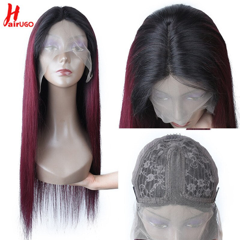 T1B/99J Straight Human Hair Wigs Burgundy T Lace Front Wigs Human Hair Brazilian Remy Omber Lace Frontal Wigs for Women Hairugo